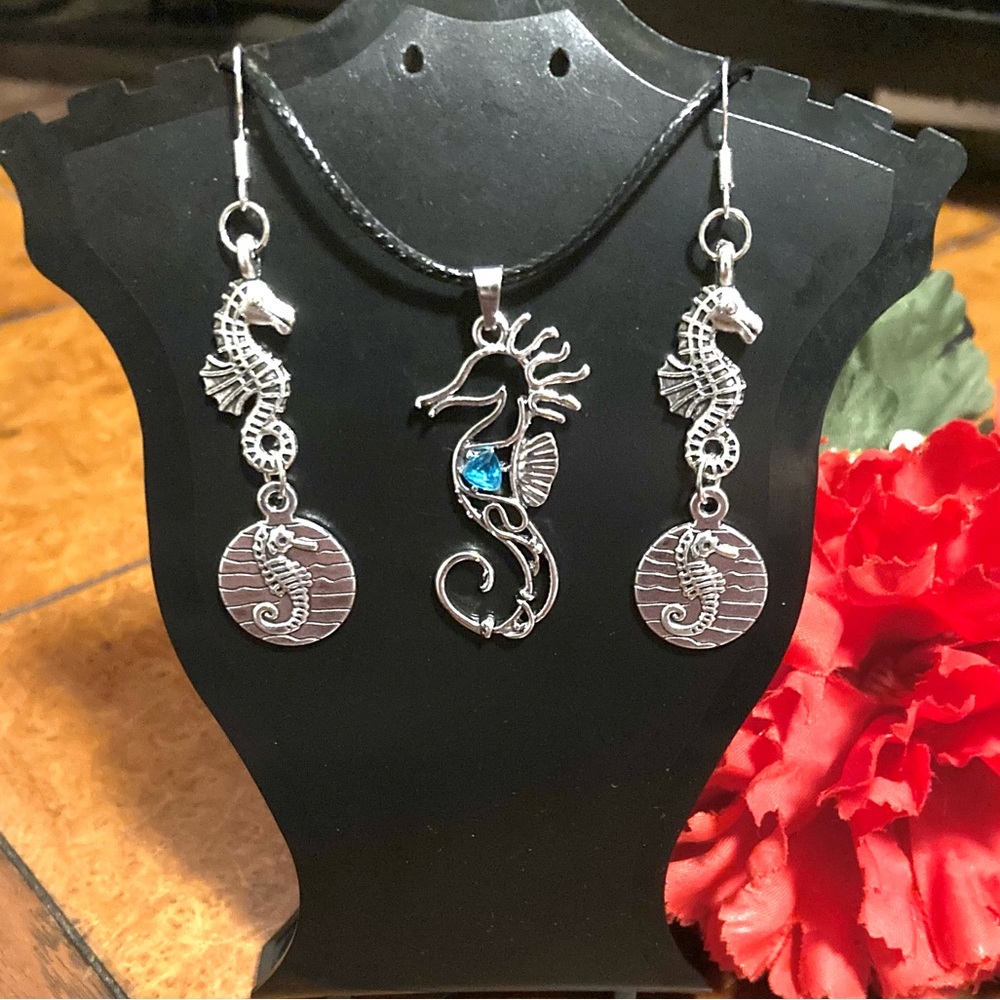 Handmade Blue Rhinestone Seahorse Pendant Necklace with Double Charm Earrings